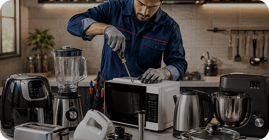Technician servicing a microwave among kitchen appliances
