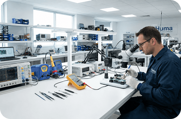 Bright Huma Electronics repair lab with a technician at a microscope and diagnostic equipment