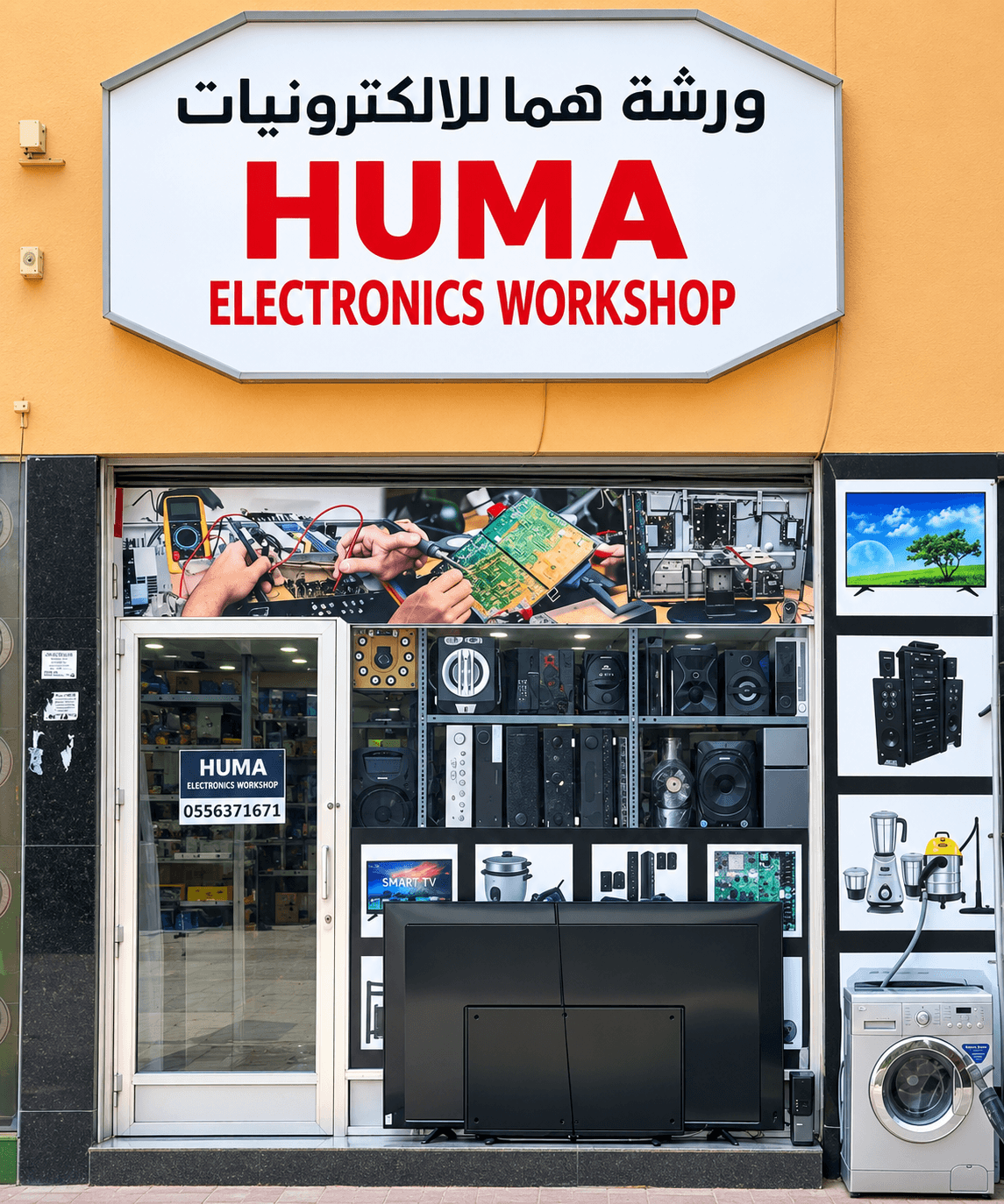 The Huma Electronics Workshop storefront, with TV, audio, and appliance repair signage