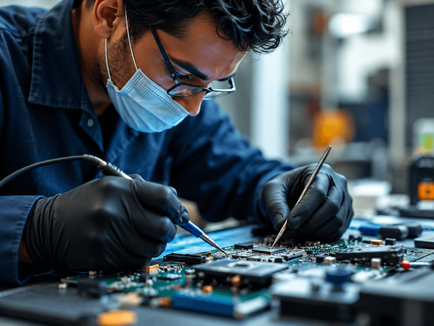 Technician soldering a circuit board during repair