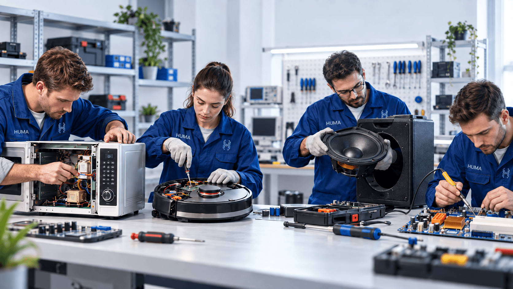 Huma Electronics technicians repairing a microwave, robot vacuum, speaker, and circuit board on a workshop bench